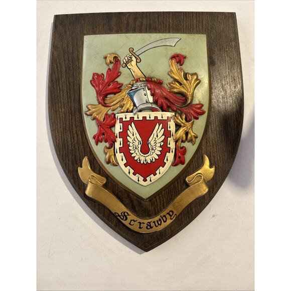 Vintage Scrawby Family Shield Coat of Arms Crest Wood/ Metal Wall Plaque Britian